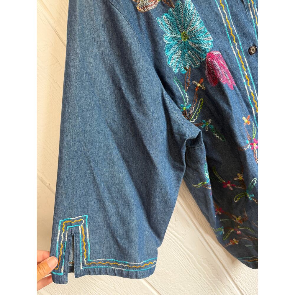 Liz & Me 3X Embroidered Denim Button Up Tunic Floral Boho Cottagecore Plus - Picture 5 of 7
